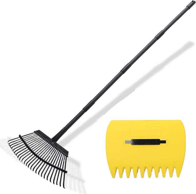 Pragmatist Rake with Leaf Scoops Garden Leaf 25 Tines Lawn Leveling Tool, Heavy Duty 64.1 Inch Adjustable Handle Metal Rake for Picking Leaves Grass Garbage, Black - Image 1